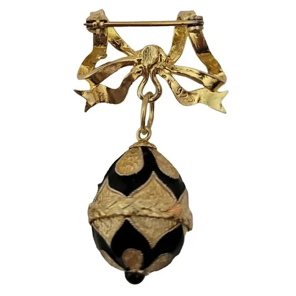 Sterling Silver Gold Vermeil Bow Bar Faberge Style Egg Charm Dangle Pin Brooch
